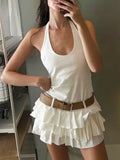 Halter Backless White Summer Women's Dress Sleeveless Beach Boho Short Mini Tierred Dresses with Shorts New Dress with Belt