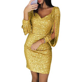 Bodycon Mini Dress Gown Mini Dress 2025 Party Dress Women Glitter V Neck Hollow Out Tassel Long Sleeve