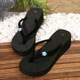 Women's Flower Decor Med Heel Flip Flops Simple Style Black Wedge Clip Toe Slides Woman Summer Outdoor Med Heel Slippers Mujer