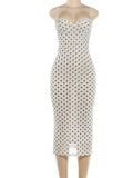FDYOUI Woman Clothing Elegant Spaghetti Strap Polka Dot Midi Dress Ladies Sexy Lace Patchwork Sleeveless Slim Party Club Dresses
