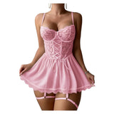 Lace Open Bra Underwear Set Lace Up  Lingerie Transparent Deep V Bra Baby Doll Dress Women Erotic  Mesh Garter Underwear Sets
