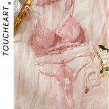 Toucheart Sexy Lingerie Comfortable Ultra-Thin Sexy Lace Printing Patchwork Mesh Semi-Transparent Push-Up Pink Underwear Set New
