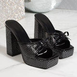 Chunky High Heel Crystal Sandals Women Plus Size 43 Square Toe Platform Slippers Woman Summer Party Bowknot Thick Heeled Sandals