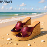 12cm Red High Heels Slippers Summer Wedges Shoes Slides Fashion Sexy Woman Platform Slippers Sandales Femmes Large Size 35-42