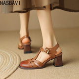 Women's Roman Gladiator Sandals Summer New Khaki Brown Hollow Out T-Strap High Heels Korean Top Quality Mary Jances Sandals