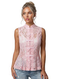 2026 Summer Women's Retro Lace Tops Elegant Mandarin Collar Chinese Frog Buttons Peplum Sleeveless Vest Blouses