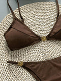 Sexy Coffee Bikini Set Women Pearls Metal Chain Pleate Push Up Bra Thong Swimsuit 2026 Summer Bathing Suit Backless Swimwear