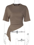 FDYOUI Women O-neck Short Sleeve Solid T-shirts 2026 Summer Chic Ruched Bandage Corset T-shirt Female Tunics Irregular Crop Tops