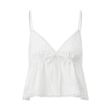 Womens Solid Color Sleep Tank Tops Spaghetti Strap Stylish Lace Trim Striped Front Bow Backless V Neck Sleep Camisoles