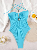 2026 Summer Women's One-piece Suit Swimwear Sexy Hollow Out Neck Lace-up Bodysuit Beachwear High Waist Push Up Bathing Suits