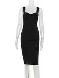 Ahagaga Elegant Women's Maxi Dresses Solid Camisole Square Collar Sleeveless Sheath Bodycon Slim Fit Party Female Vestidos Robes
