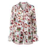 Womens Satin Christmas Pajamas Sets Print Button Up Long Sleeve Lapel V Neck Tops and Shorts Lounge Wear 2 Pieces Suits