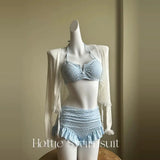 Girls' pure lust style summer bikini three-piece knitted sweater holiday split swimsuit for women
