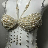Sexy Women Chain Bras Tops Elegant Pearls Body Jewelry Tasseled Party Clubwear for Summer Vacation Beachwear