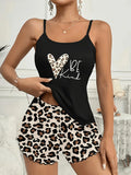 Summer Sleepwear Women 2Pcs Leopard Print Pajamas Set Heart Theme Camisole Tops and Shorts Set Comfortable Loungewear
