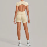 Tight Invisible Wrinkle Yoga Sets Women Short Sleeve O Neck Hollow Back Sports Tank Top Butt-Lifting Shorts Gym Fitness Suits