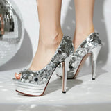 Women High Heels 13CM Thin Heel Shallow Mouth Nightclub Sequin Shoes Spring Summer Fashion Platform Woman Peep Toe Pumps Silvery