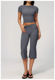 Yoga Set for Women High Waist Hip Lifting Tight Mid Pants Fitness Suit Short Sleeve O Neck Slimming Sports T Shirt Athletic Wear