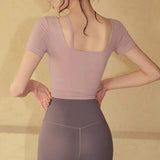 Women's Quick-Dry Yoga Sports Top with Chest Cushion Sexy Short-Sleeved Fitness T-Shirt Tight-Fitting Navel Revealing Yoga Suit