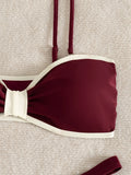 Sexy Wine Patchwork Bikini Set 2026 Women Front Tie Pleate Push Up Bra Thong Swimsuit Summer Bathing Suit Vacation Swimwear