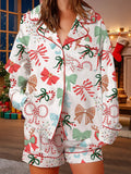 Women's 2025 Satin Christmas Pajama Set Long Sleeve Lapel Bow Print Shirt Wide Leg Shorts Loose Two Pieces Sleepwear