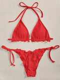 Ribbed Ruffled Frilled Brazilian Bikini Women Swimsuit Female Swimwear Two Pieces Bikini Set Halter String Bathing Suit Swim