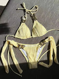 Halter Metal Rings Bikinis Wrinkled Bikini Female Swimsuit Women Swimwear Two-pieces Bikini Set High Cut Bathing Suit Swim Lady