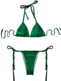 sexy metallic bikinis sets three pieces with drawstring mini skirt bathing suit beach wear women thong bikini swimsuits biquini