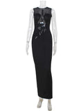 Ahagaga Summer Sexy Club Women Maxi Dresses Mesh Patchwork Sheer O-Neck Elegant Sheath Split Bodycon Party Elegant Vestidos