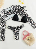 Leopard Printed Long Sleeve Beach Cover-up Bikini Women Swimwear Female Swimsuit Three-pieces Bikini Set Micro Bathing Suit Swim