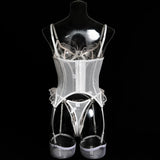 Embroidered flower underwear, sexy three-point mesh fishbone body shaping sexy suit with stockings