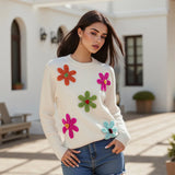 Women Knitted Flower Sweater Casual Crew Neck Long Sleeve Pullover Tops Cute Winter Fall Loose Knitwear