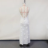 Elegant 3d Flower Knitted Dresses For Women V-neck Backless Sleeveless Lace Up Female Maxi Dress Summer Lady Beach Dress V6211