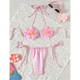 S - XL New Shiny 3D Flowers Halter Bikini Female Swimsuit Women Swimwear Two-Pieces Bikini Set Bather Bathing Suit Swim V7703