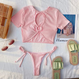 Bikini 2026 Sexy Pink Short Sleeve Hollow Swimwear Swimsuit Women Bikinis Set Bathing Suit Beach Bikini Female Metal Ring Decor