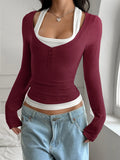 Women's Y2K Fake Two Piece Long Sleeve Cami Top, Fashion Slim Fit Sexy Streetwear T-Shirt