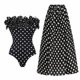 Black Dot Print One Piece Swimsuit Pleate Long Skirt Set 2026 Women Vintage Bandeau Ruffle Push Up Bathing Suit Holiday Swimwear