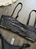 Black rhinestone process bikini sexy thong split swimsuit 2-piece beach set