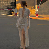 Woman Dress Clothing V-neck White Lace Dress 2025 Vestidos Para Mujer Fall Lace-up High Slit Slim Long  Evening Party Dresses