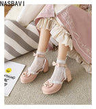 Girls Women 2026 Lolita Square Heeled Leather Single Shoes White Bow Lolita Mary Janes Summer Buckle Strap Sandals Dress Shoes