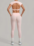 Yoga Set Women's Tracksuit Short Sleeve Back Hollow Out Sports Top Athletic Wear Tight High Waist Pocket Leggings Fitness Suits