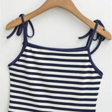 Sweet Double-shoulder Strap Striped Color-block Camisole For Women Unique Design Patchwork Pure Desire Dress Elegant Casual WIKO