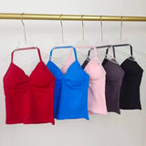Women's Backless Yoga Sports Vest Neck Hanging Sexy Fitness Pilates Tight Long Top Gathered Sports Bra for Yoga