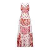 Women's Summer Floral Print Bohemian Long Dress Stylish Lace Patchwork Ruffled Trim Spaghetti Strap V Neck A-Line Dress