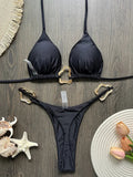 Sparkling Metal Ring Halter Extreme Mini Thong Bikini Female Swimsuit Women Swimwear Two-pieces Bikini Set Bathing Suit Swim