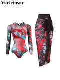 S - XXL Printed Long Sleeve With Sarong One Piece Swimsuit Women Swimwear Female Flowers Padded Bather Bathing Suit Swim V7181
