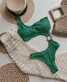 Women's One Piece Swimsuit Ring Cut Out Front High Cut Cheeky Bathing Suit Monokini Swimwear One Shoulder Ribbed Monokini
