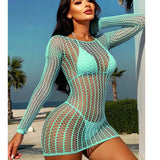 1 Piece Beach Cover Up without Bikini Summer's Hottest Mesh Swimsuit Women Summer Pool Swimwear Long Sleeves Hollow Out Dress