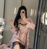 Ice Silk Sexy Pajamas Women's Spring and Autumn Suspender Lace Nightgown Robe High-end Home Clothes