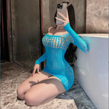 Sexy Fishnet Stockings Long Sleeve Mini Skirt Hollow Out Hip Wrap Skirt with Suspender Jacquard for Cross-border Trade